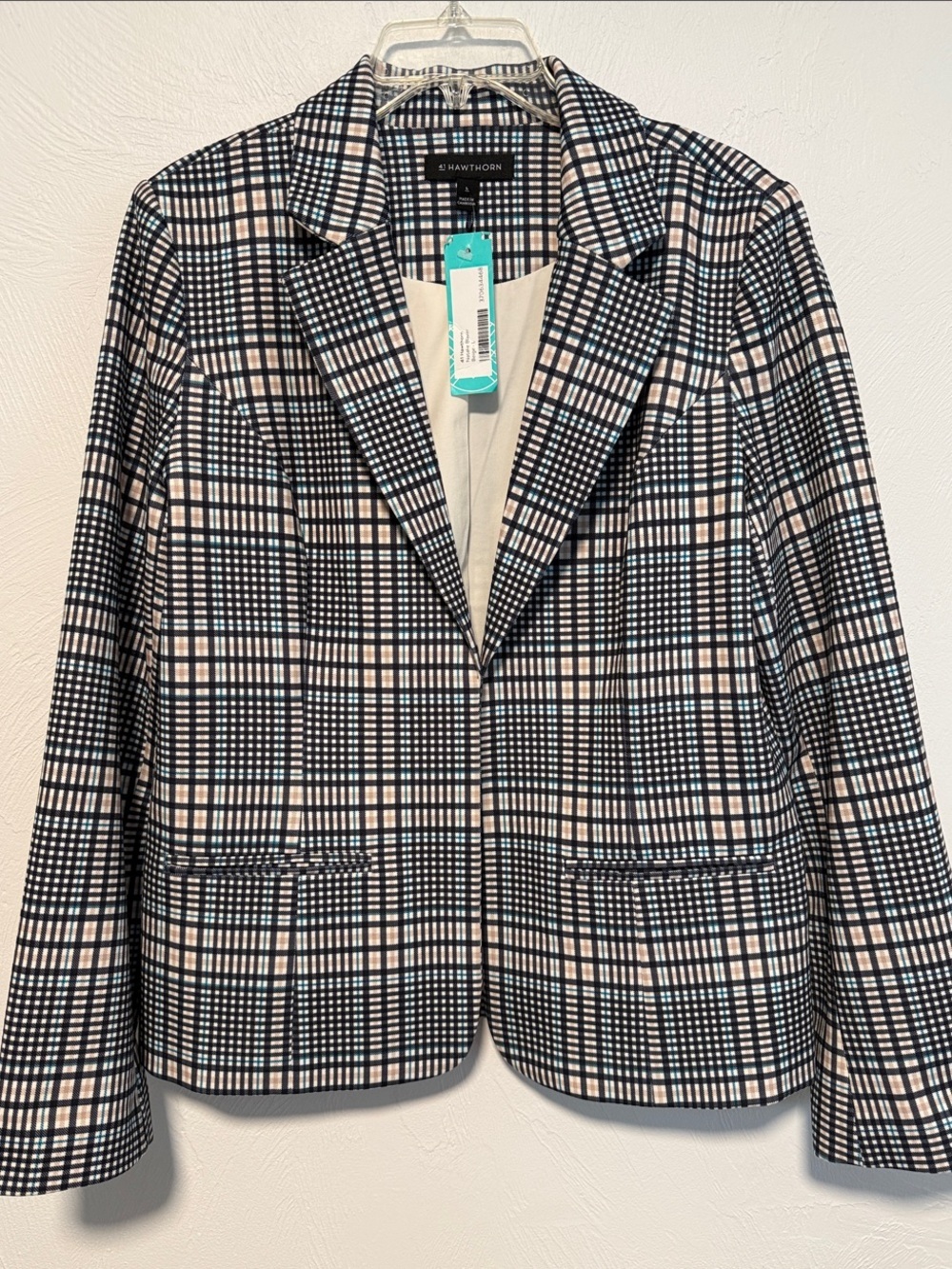 41 Hawthorn Women’s Large Navy Blue and Cream Plaid Blazer